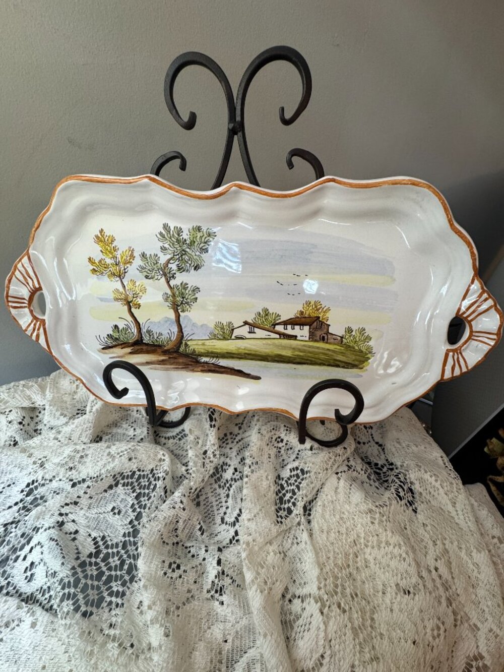 Vintage Castelli Italy Hand Painted Countryside Ceramic Serving Tray
